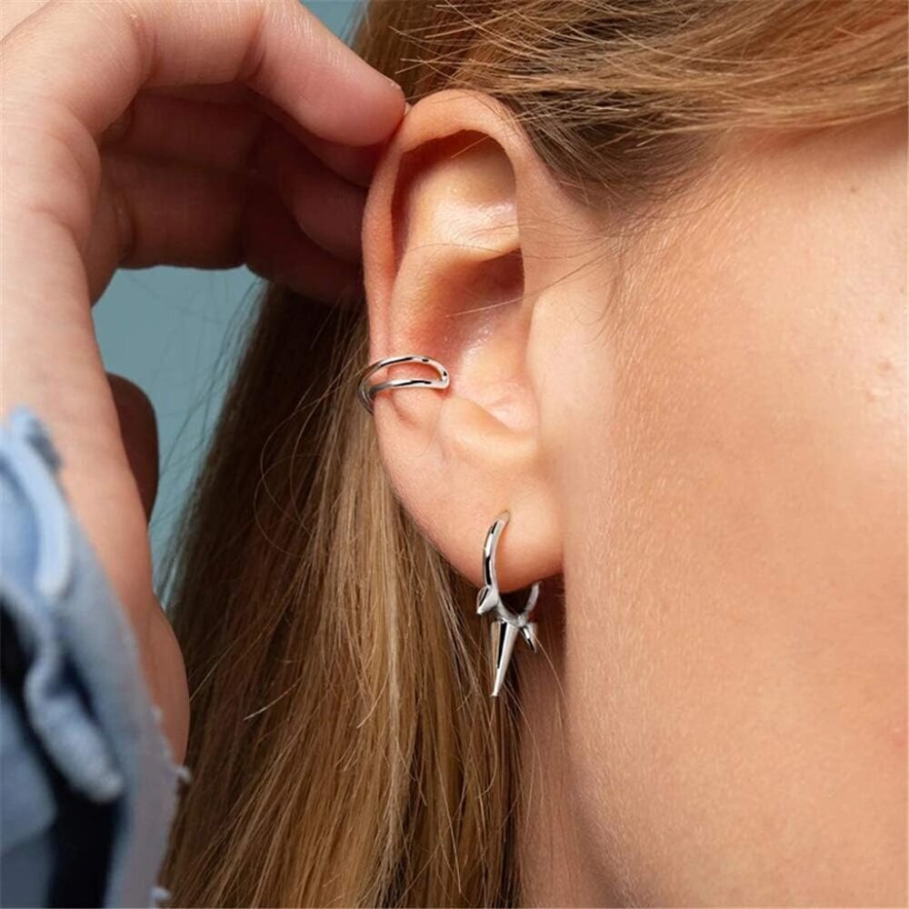 Hypoallergenic Punk Spike Sterling Silver Hoop Earrings - Dainty Huggie Style